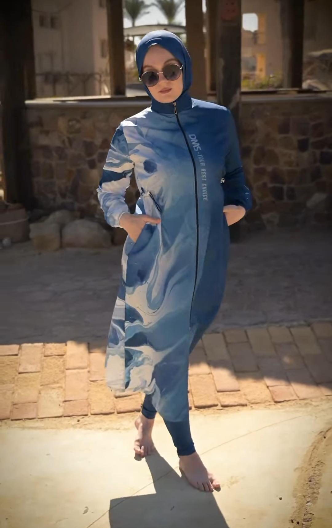 Burkini long zippé manches longues — bleu marbré