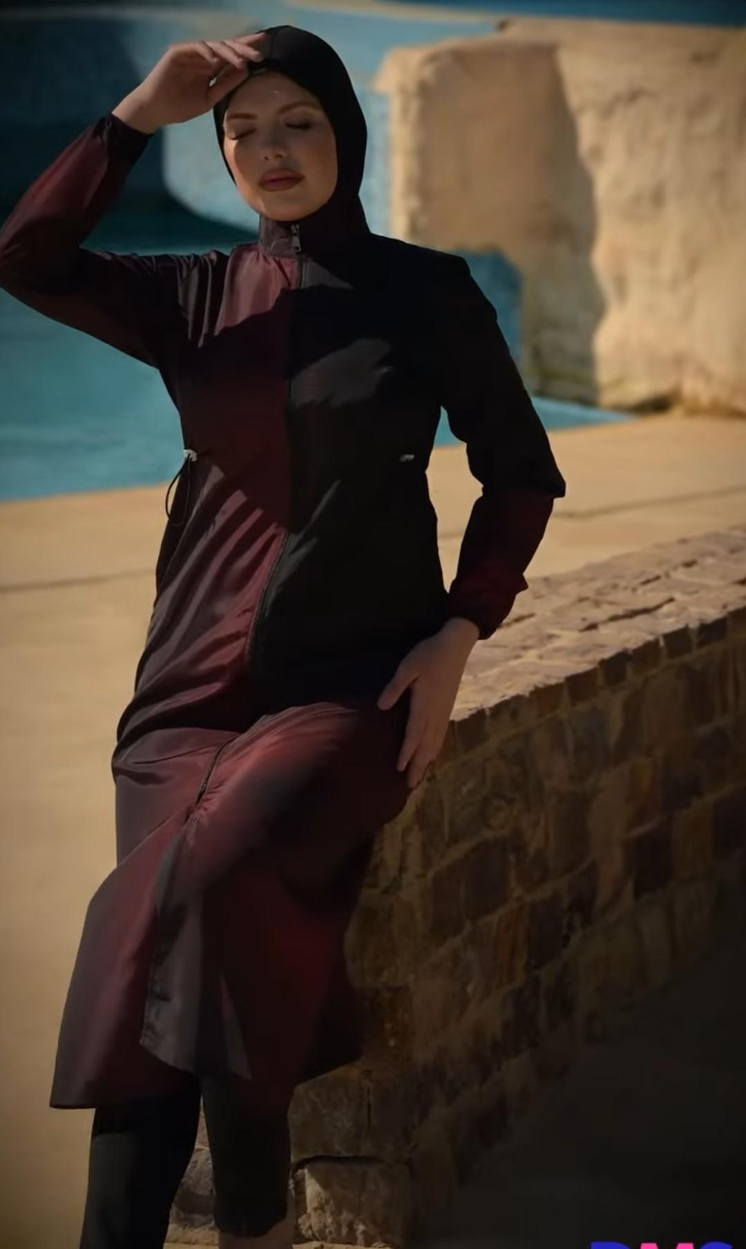 Burkini long zippé manches longues — bordeaux & noir