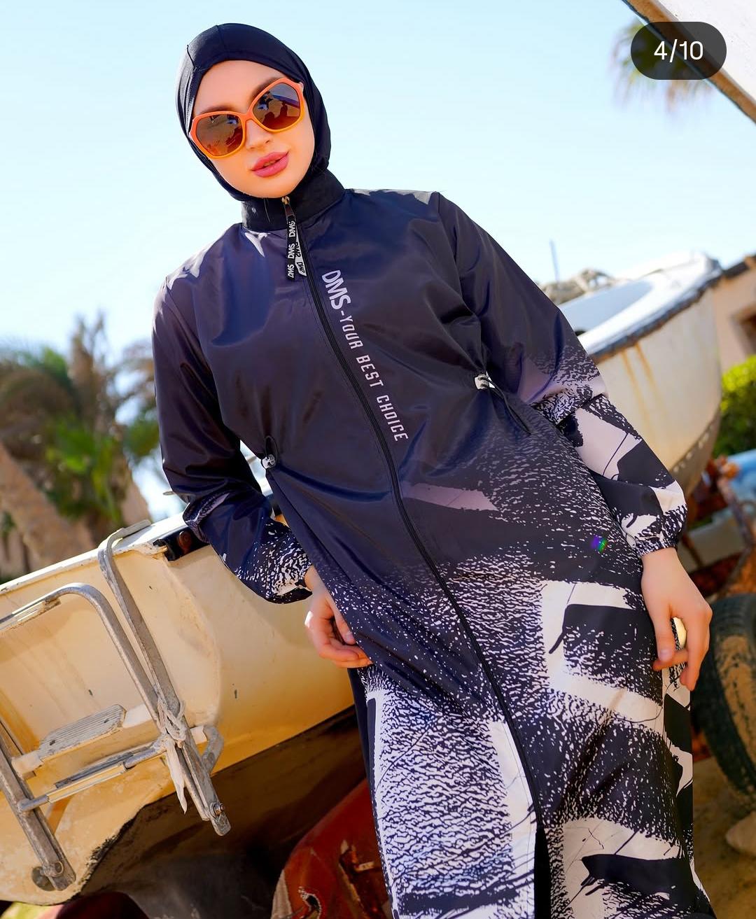 Burkini long zippé manches longues — marine imprimé