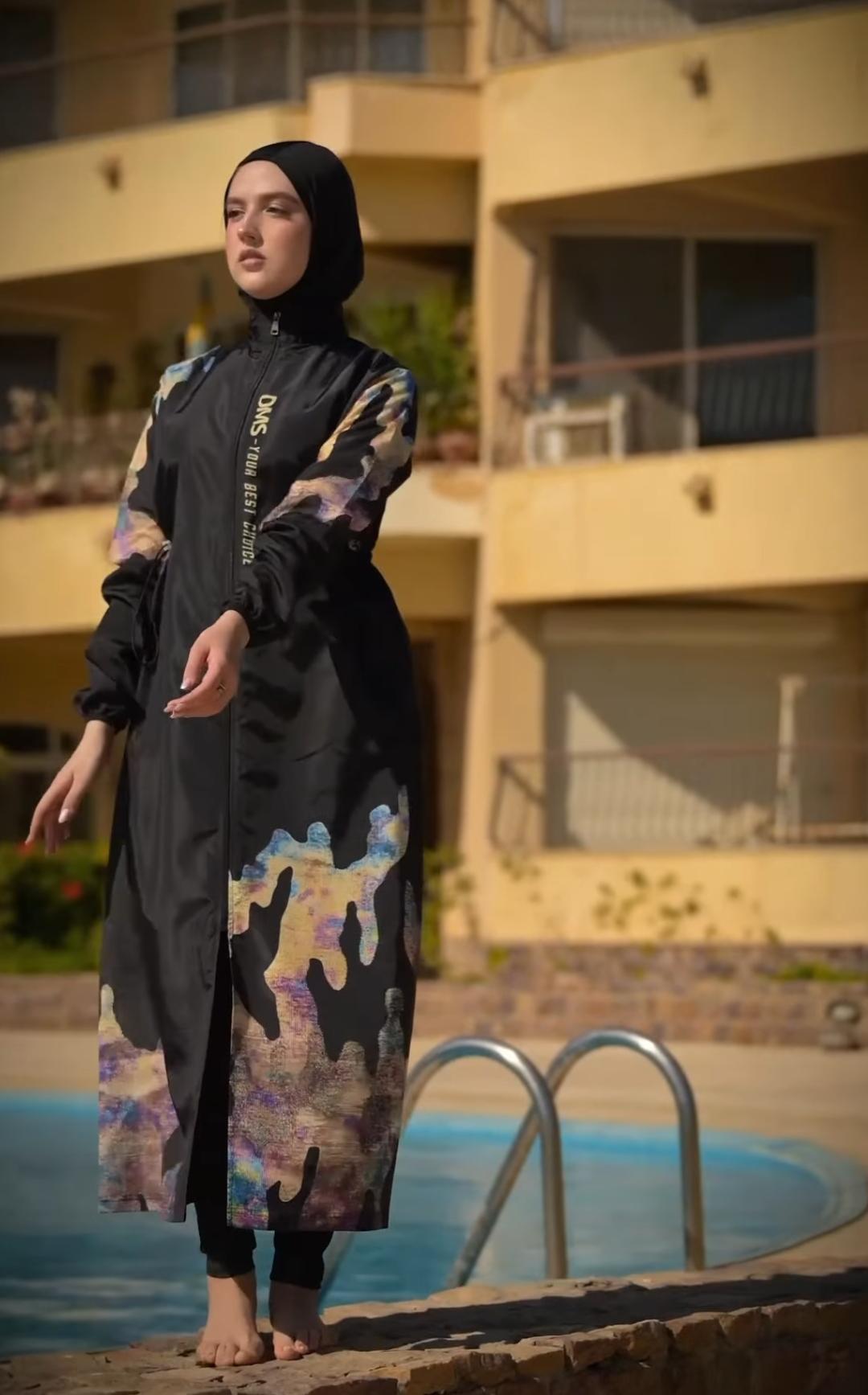 Burkini long zippé manches longues — noir camouflage