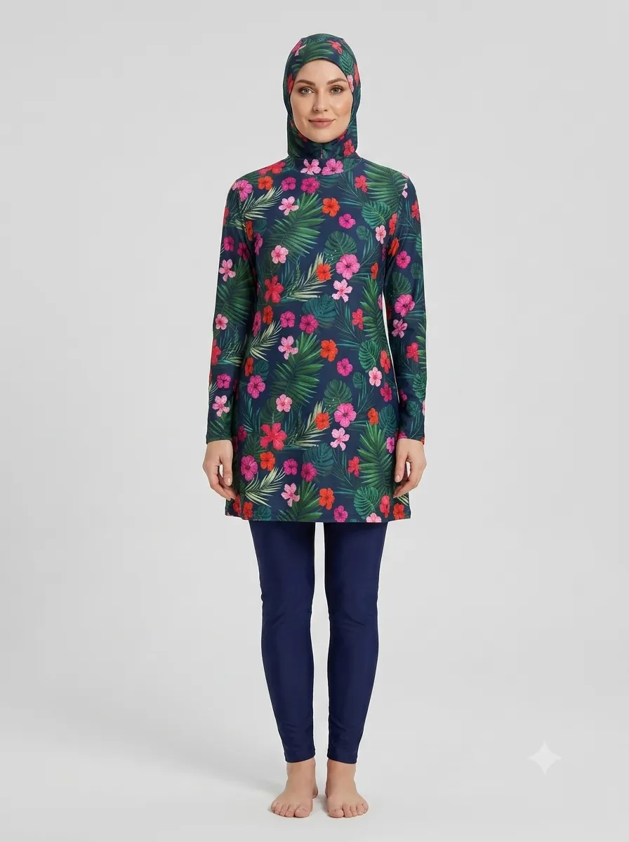 Burkini imprimé fleuri tropical — vert