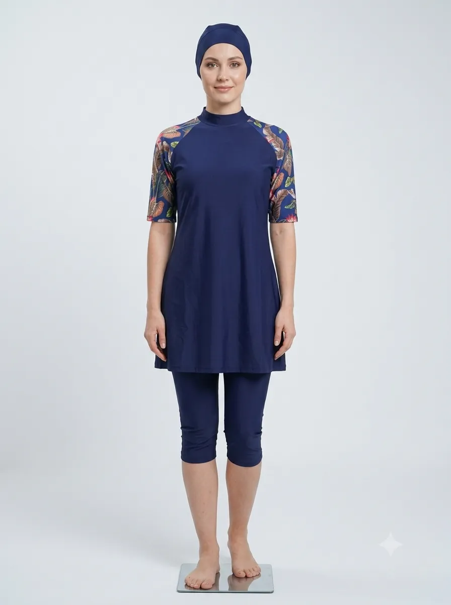 Burkini 3 pièces manches fleuries — bleu marine