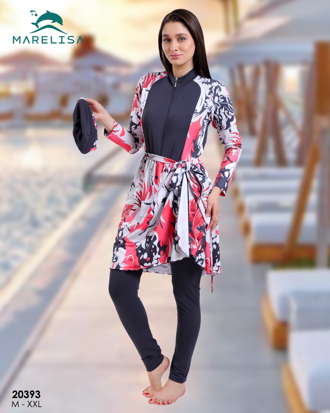 Burkini 3 pièces imprimé floral — rouge & gris