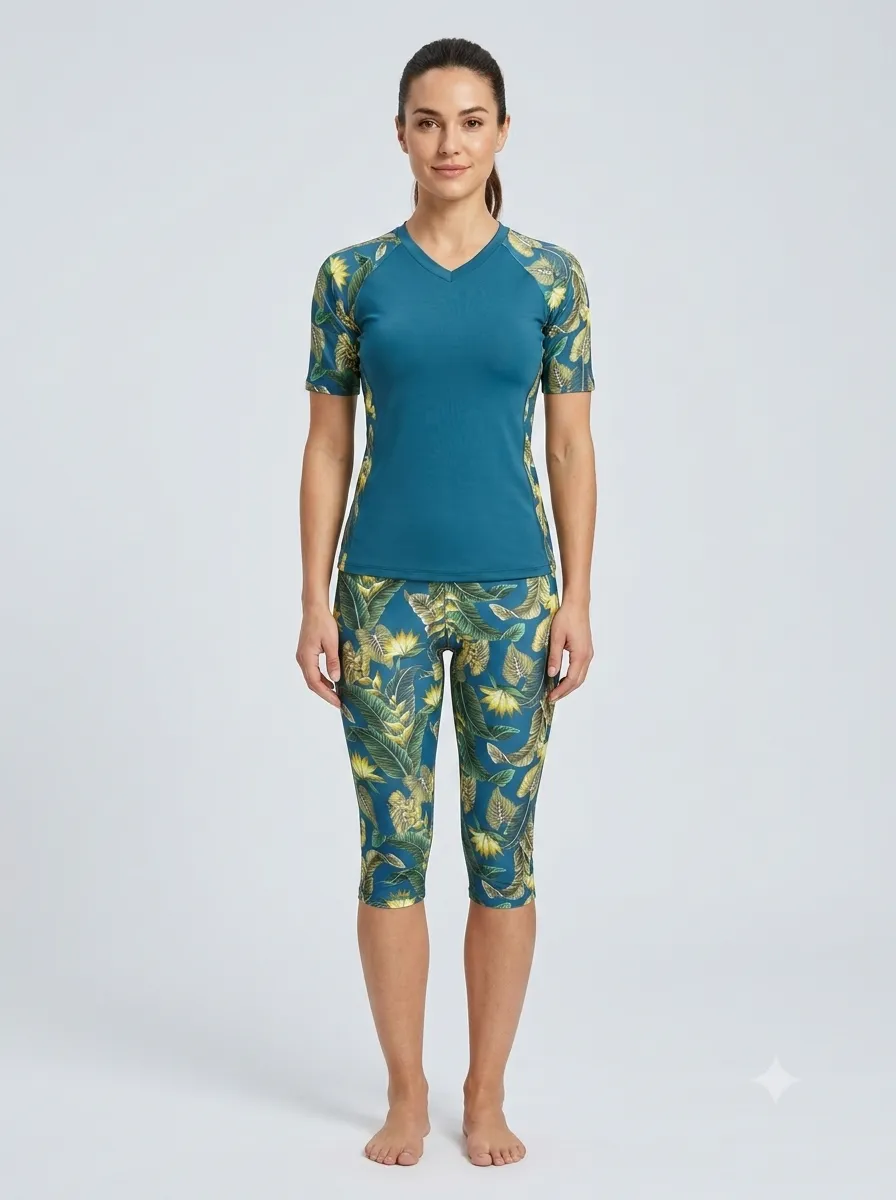 Burkini sport rashguard imprimé tropical — bleu