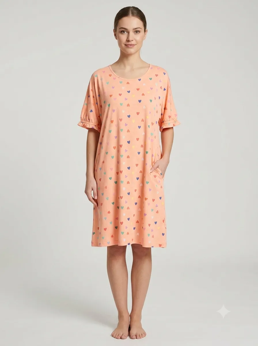 Chemise de nuit imprimé cœurs — pêche/lilas