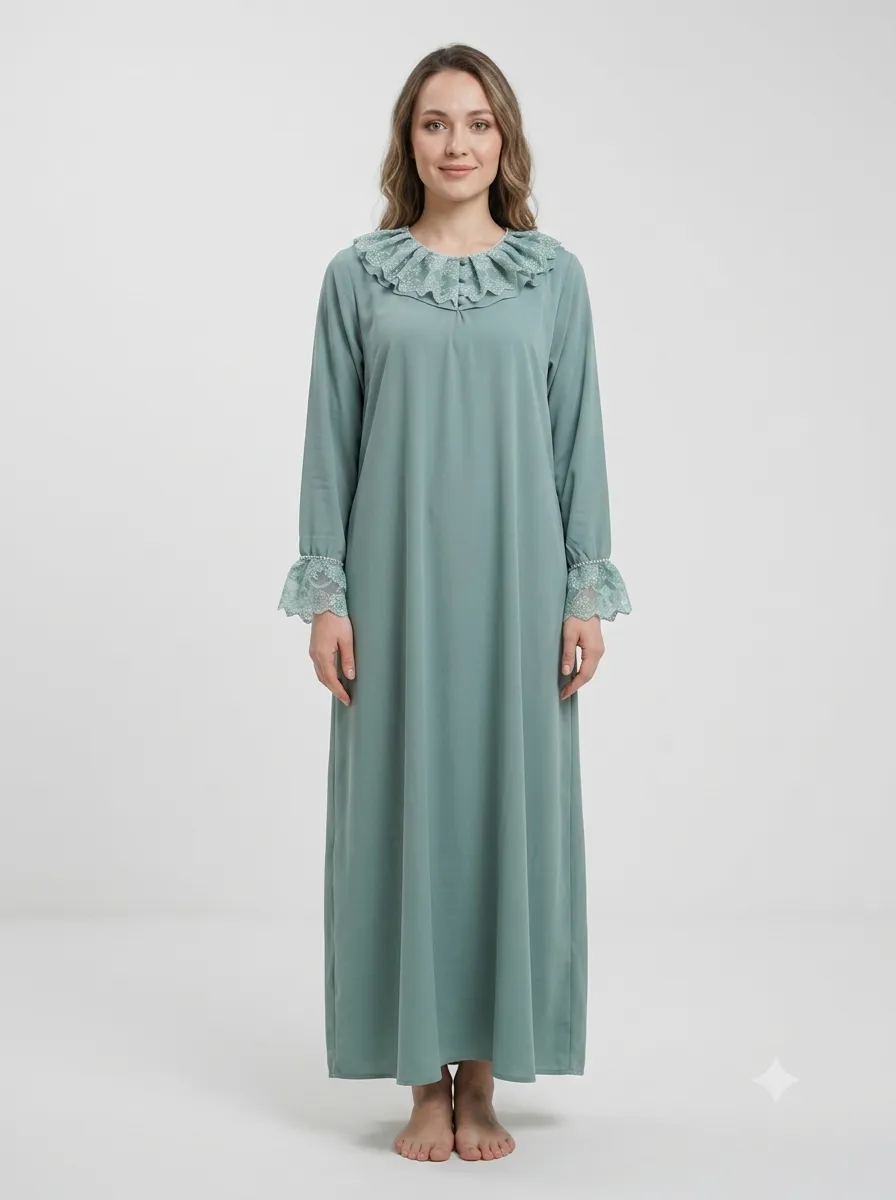 Chemise de nuit longue col en dentelle — vert sauge
