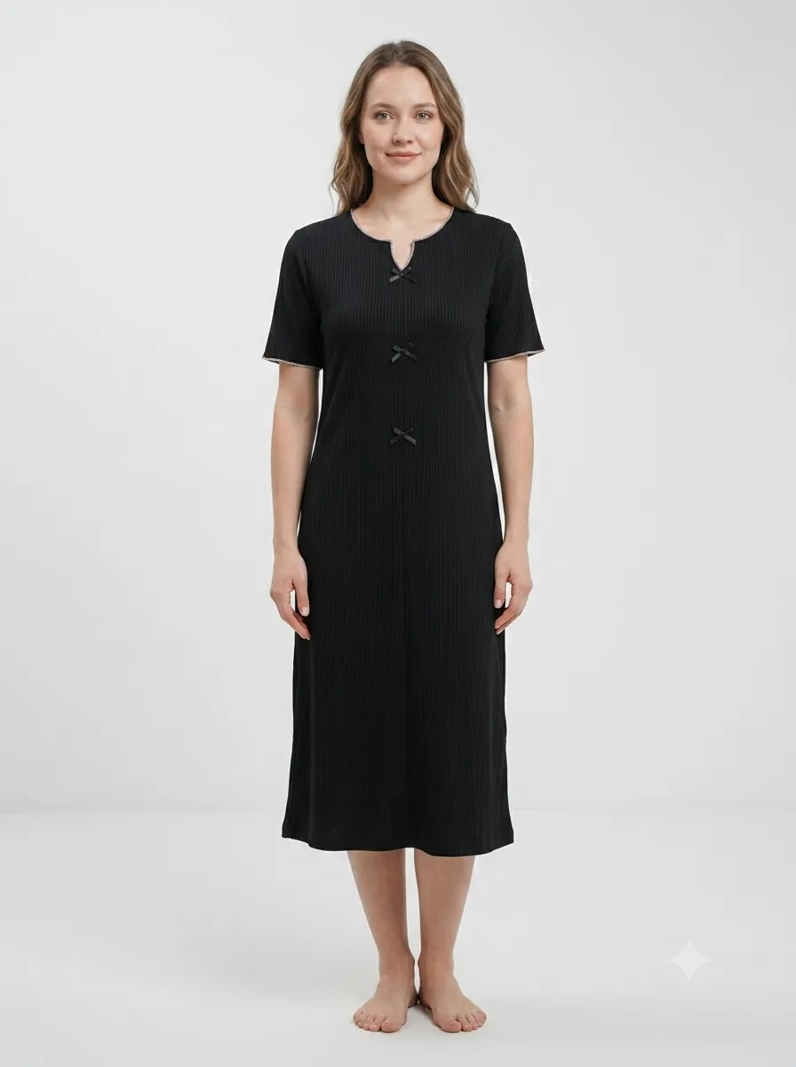 Chemise de nuit côtelée à nœuds — noir