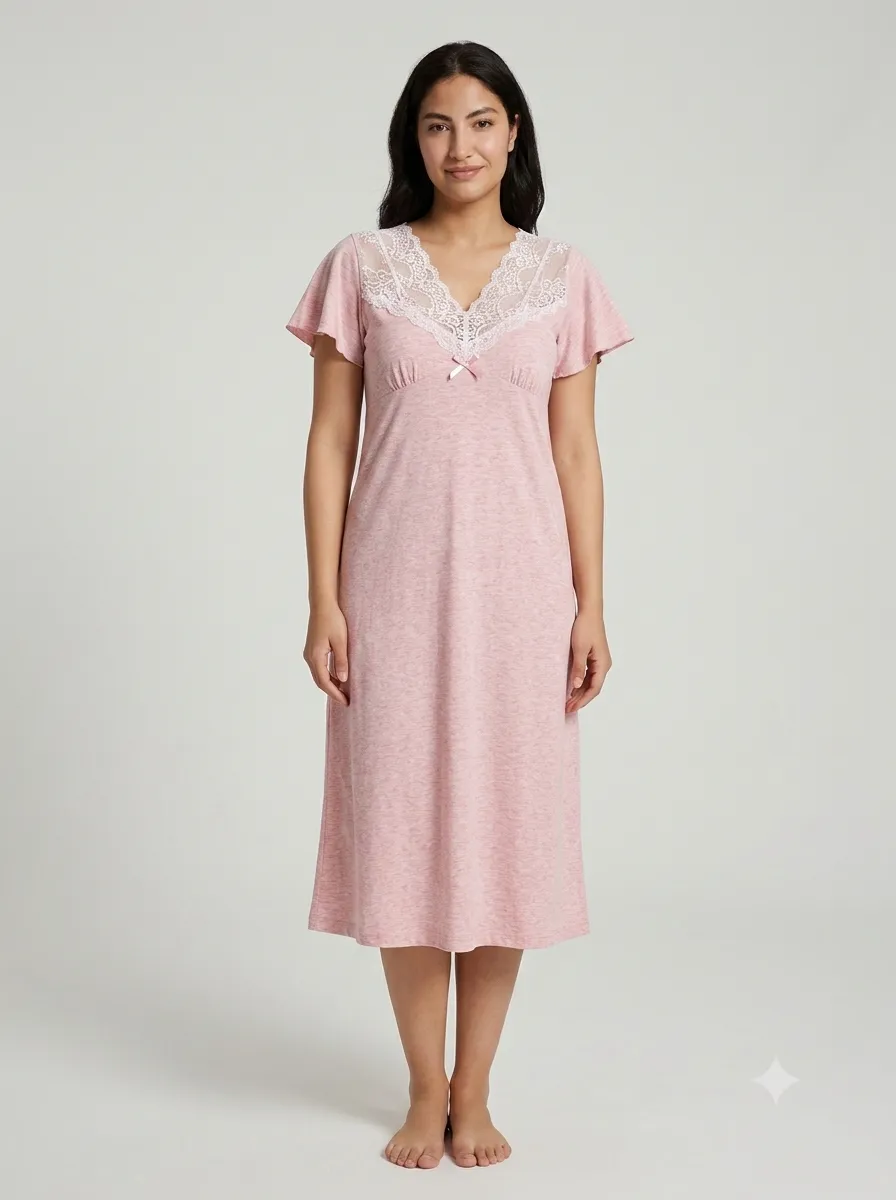 Chemise de nuit col dentelle manches courtes — rose chiné