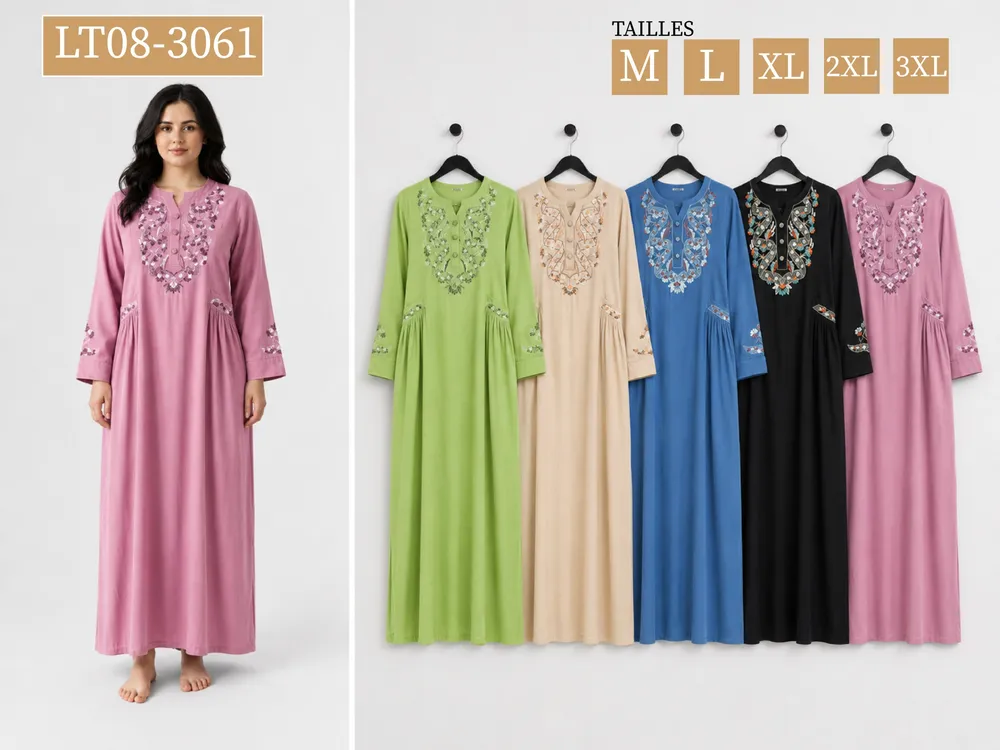Chemise de nuit longue brodée manches longues — multicolore