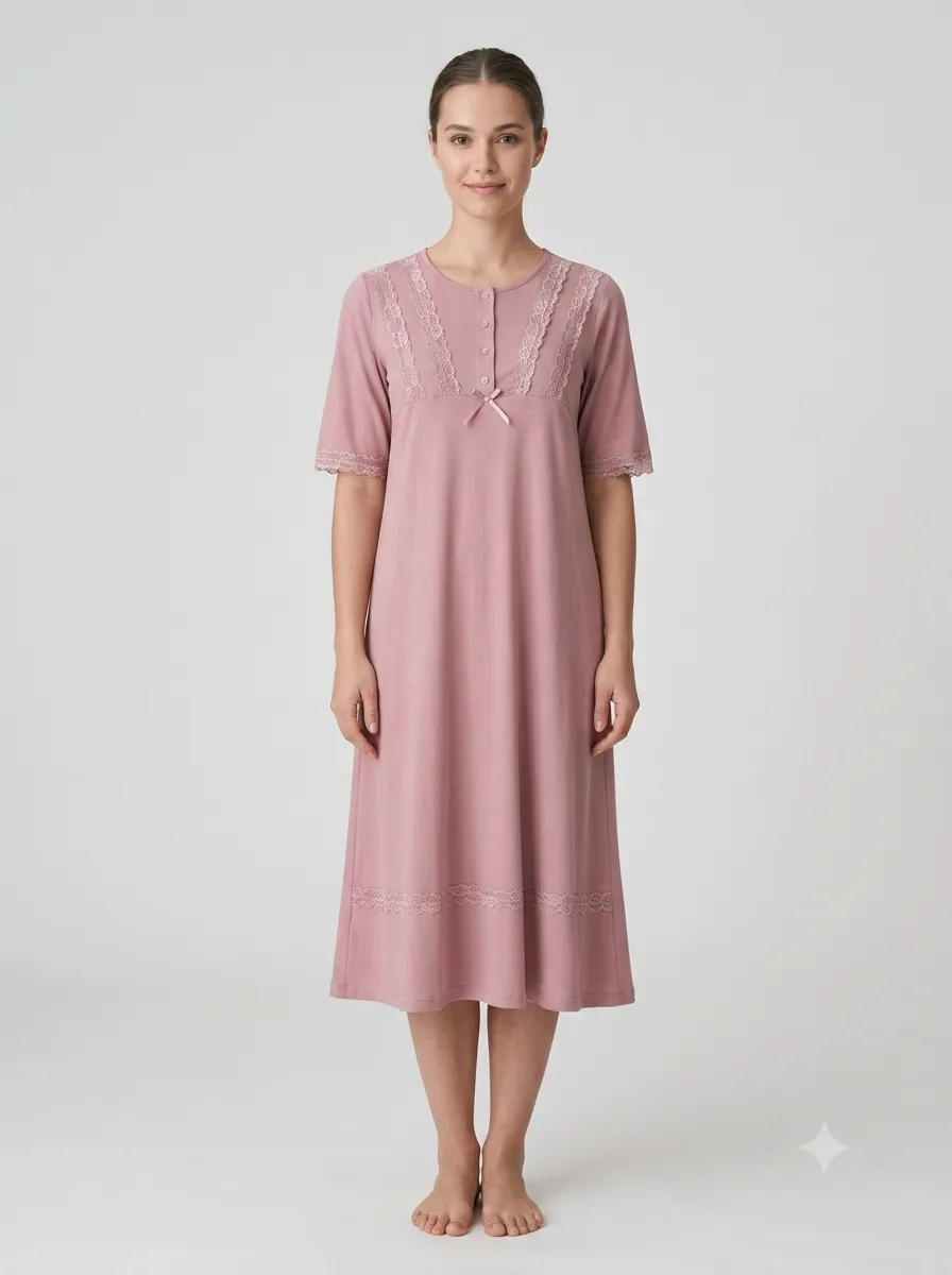 Chemise de nuit boutonnée col dentelle — multicolore