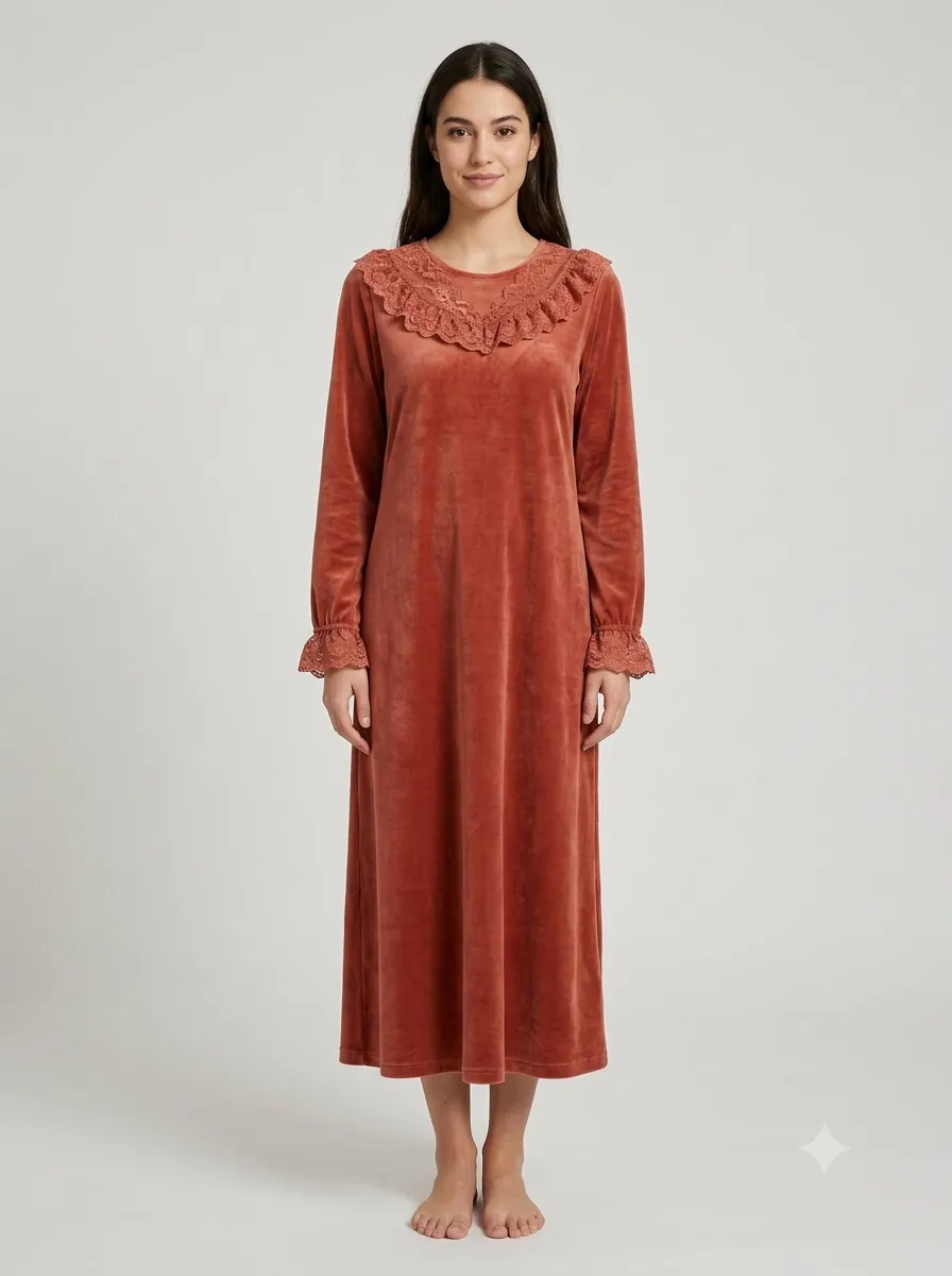 Chemise de nuit velours col à volants — multicolore