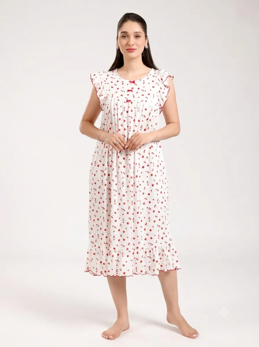 Chemise de nuit volantée imprimé cerises — blanc