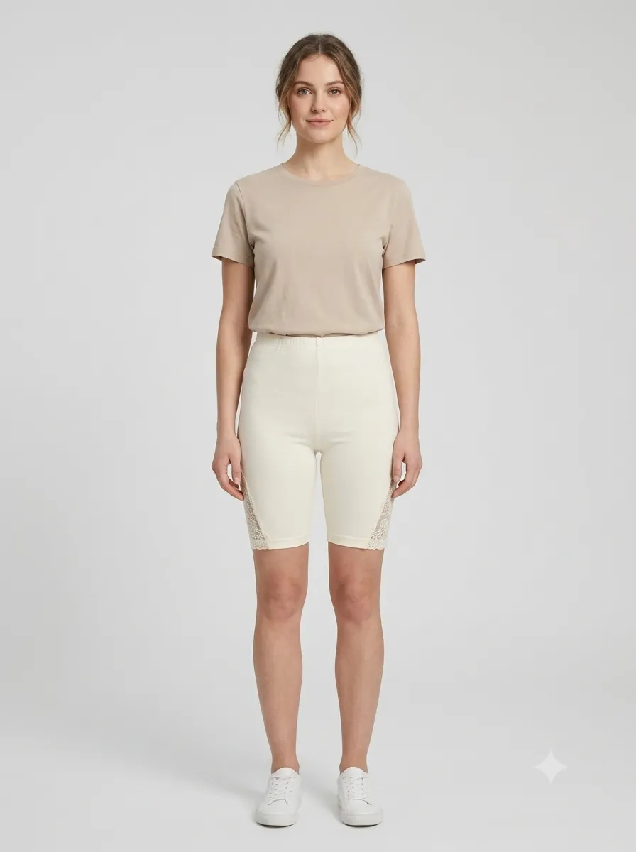 Short cycliste inserts dentelle — crème