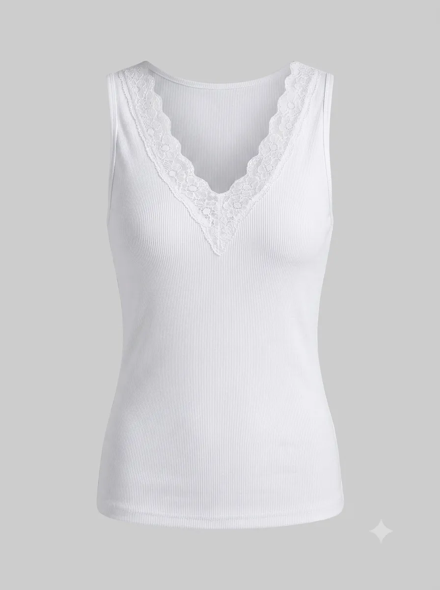 Débardeur côtelé col V dentelle — blanc