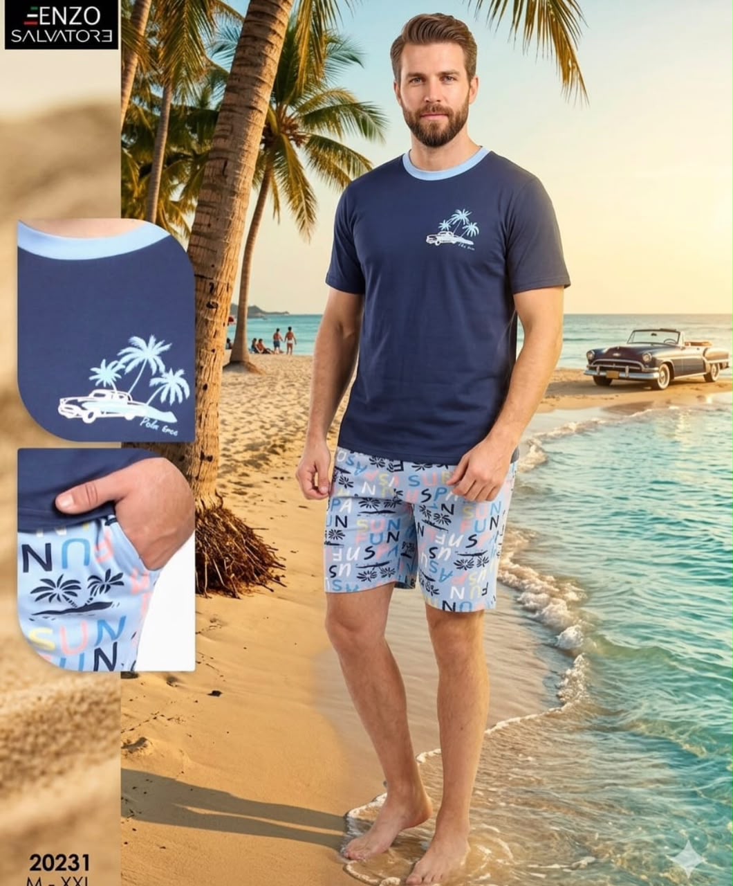 Ensemble t-shirt + short imprimé plage — marine