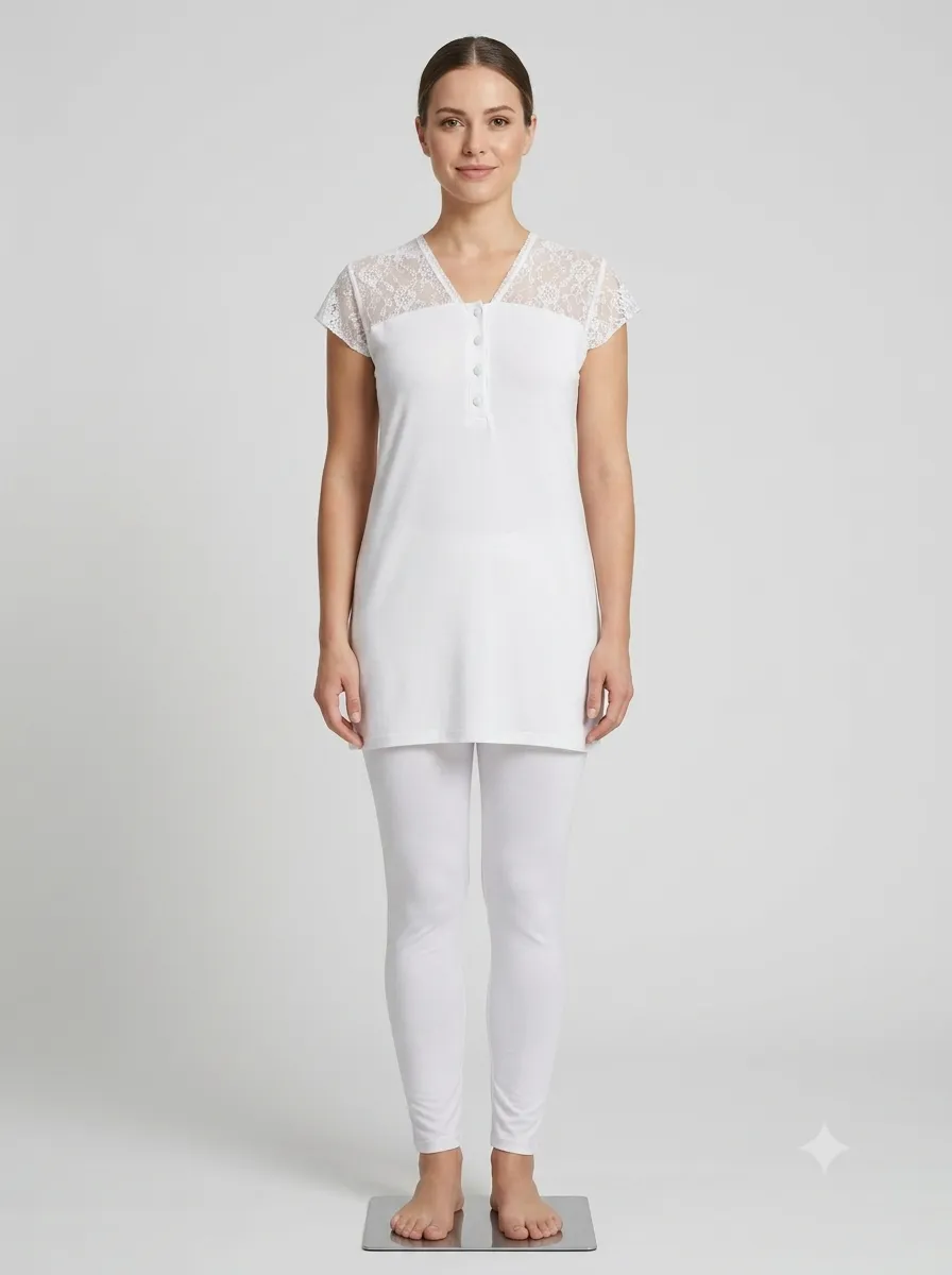 Ensemble tunique + legging épaules dentelle — blanc