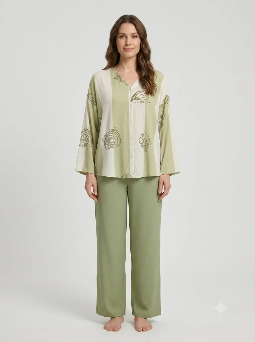 Ensemble blouse imprimé coquillages — vert / écru