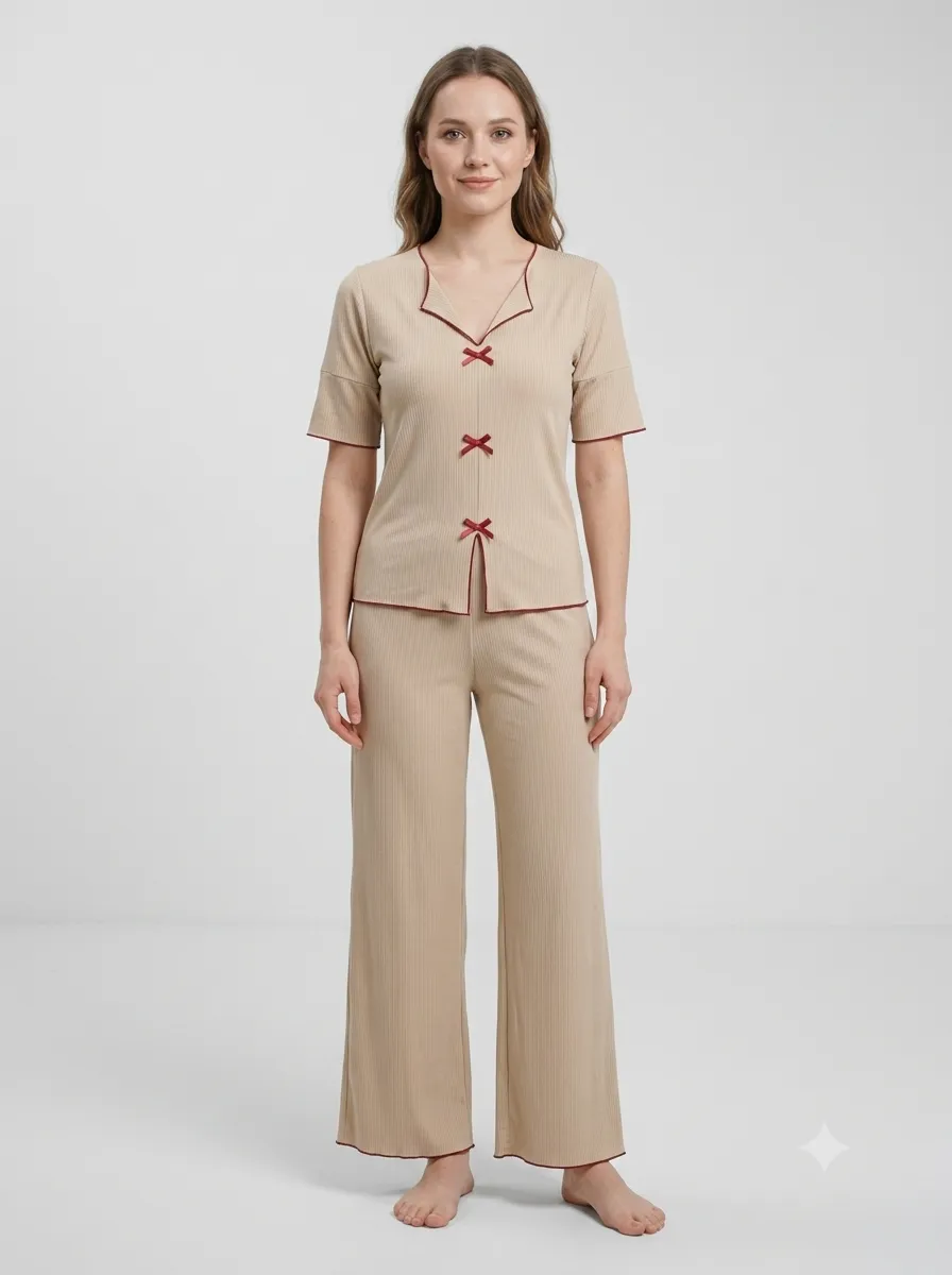 Ensemble côtelé à nœuds — beige