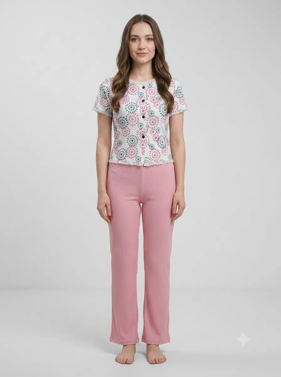 Ensemble top fleuri + pantalon côtelé — rose