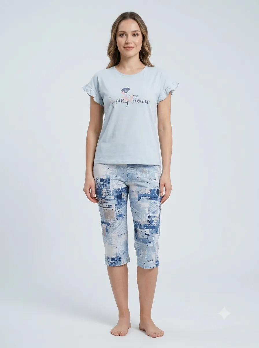 Ensemble t-shirt + corsaire imprimé jean — bleu
