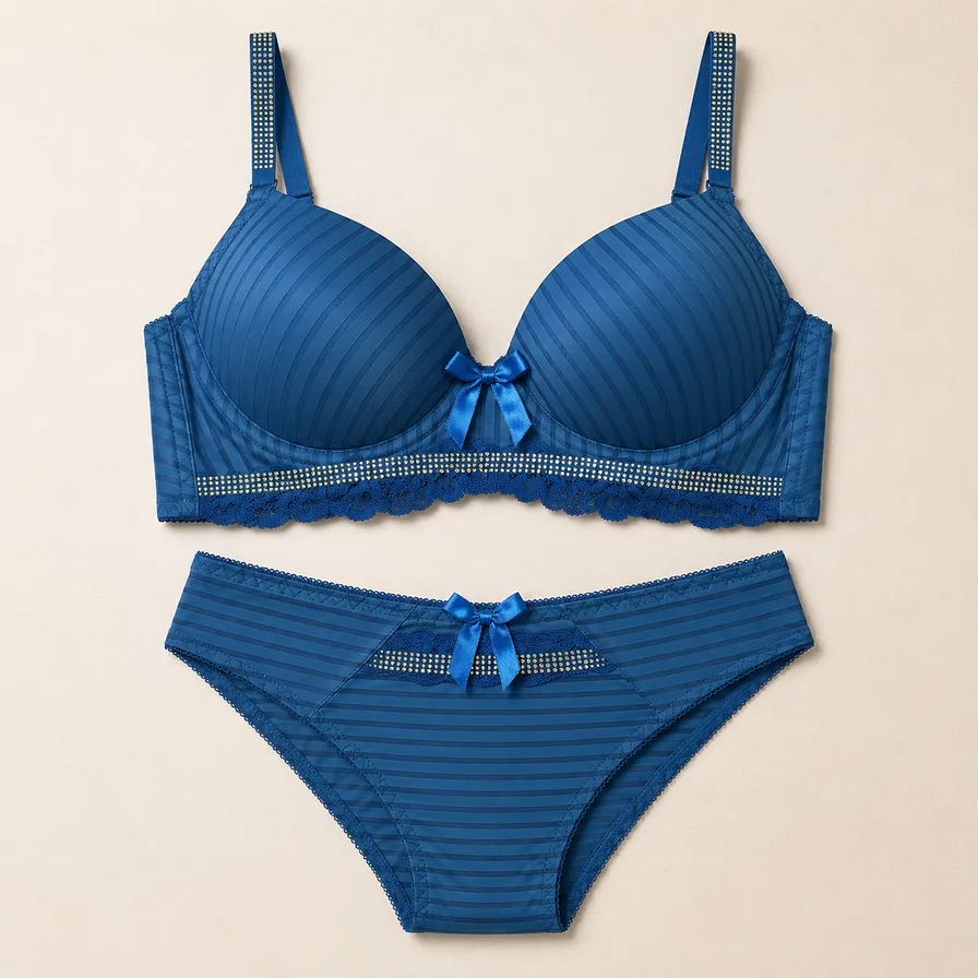 Ensemble lingerie satin rayé à nœud — bleu pétrole