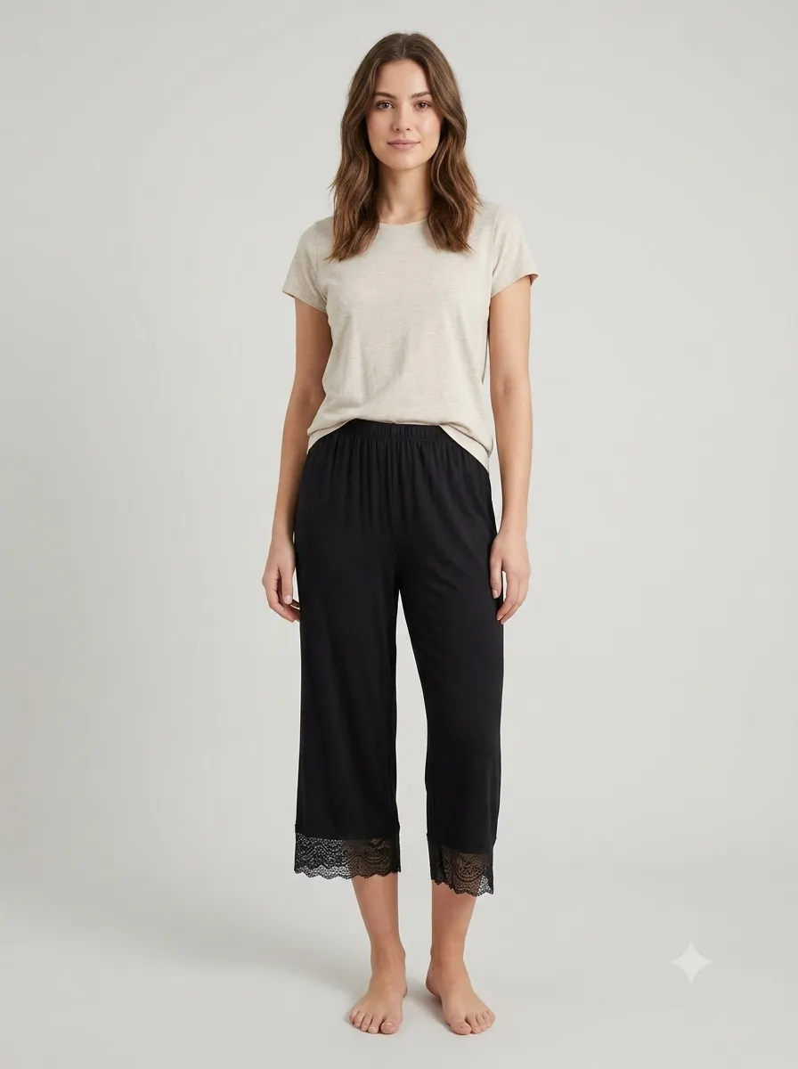 Pantacourt fluide bord dentelle — noir
