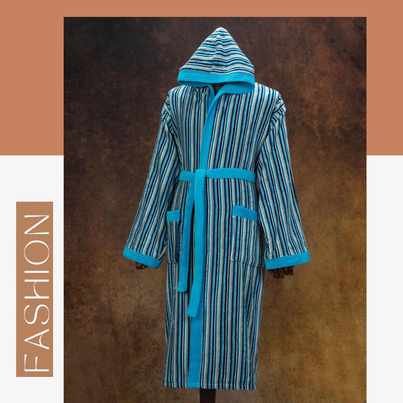 Peignoir éponge à capuche rayé — turquoise