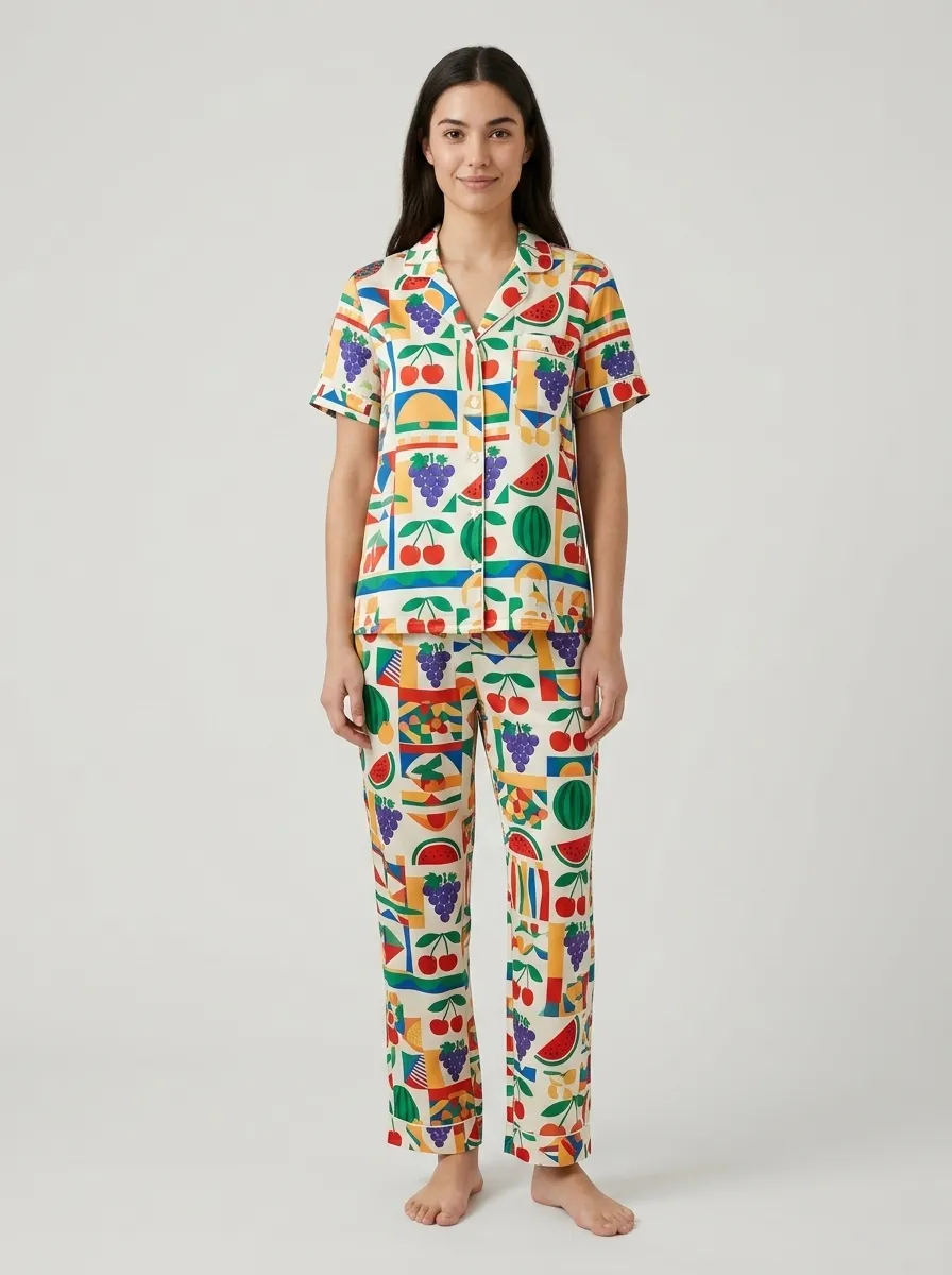 Pyjama chemise + pantalon imprimé fruits — écru/rose