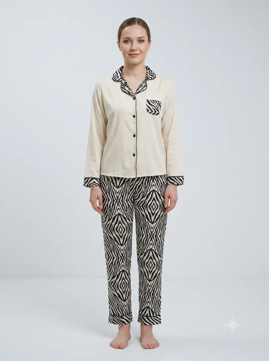 Pyjama chemise + pantalon imprimé géométrique — écru