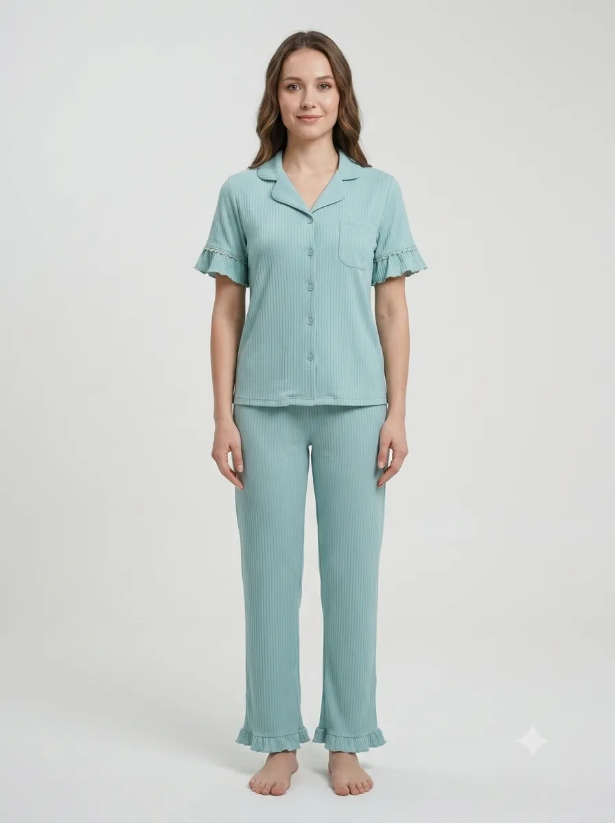 Pyjama côtelé boutonné manches courtes — vert d'eau