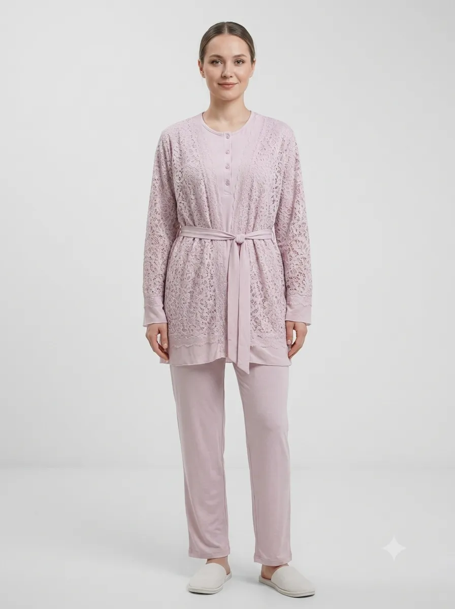 Ensemble gilet dentelle à ceinture — rose poudré