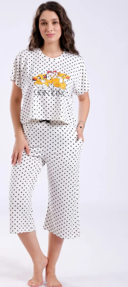 Pyjama t-shirt imprimé lionceaux + corsaire à pois — écru