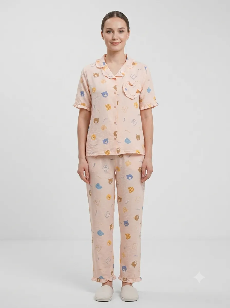 Pyjama boutonné imprimé oursons — pêche