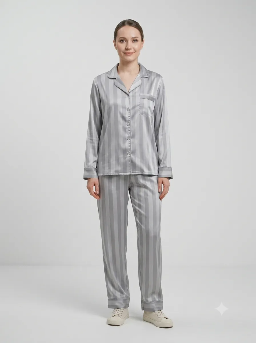 Pyjama satiné rayé manches longues — gris