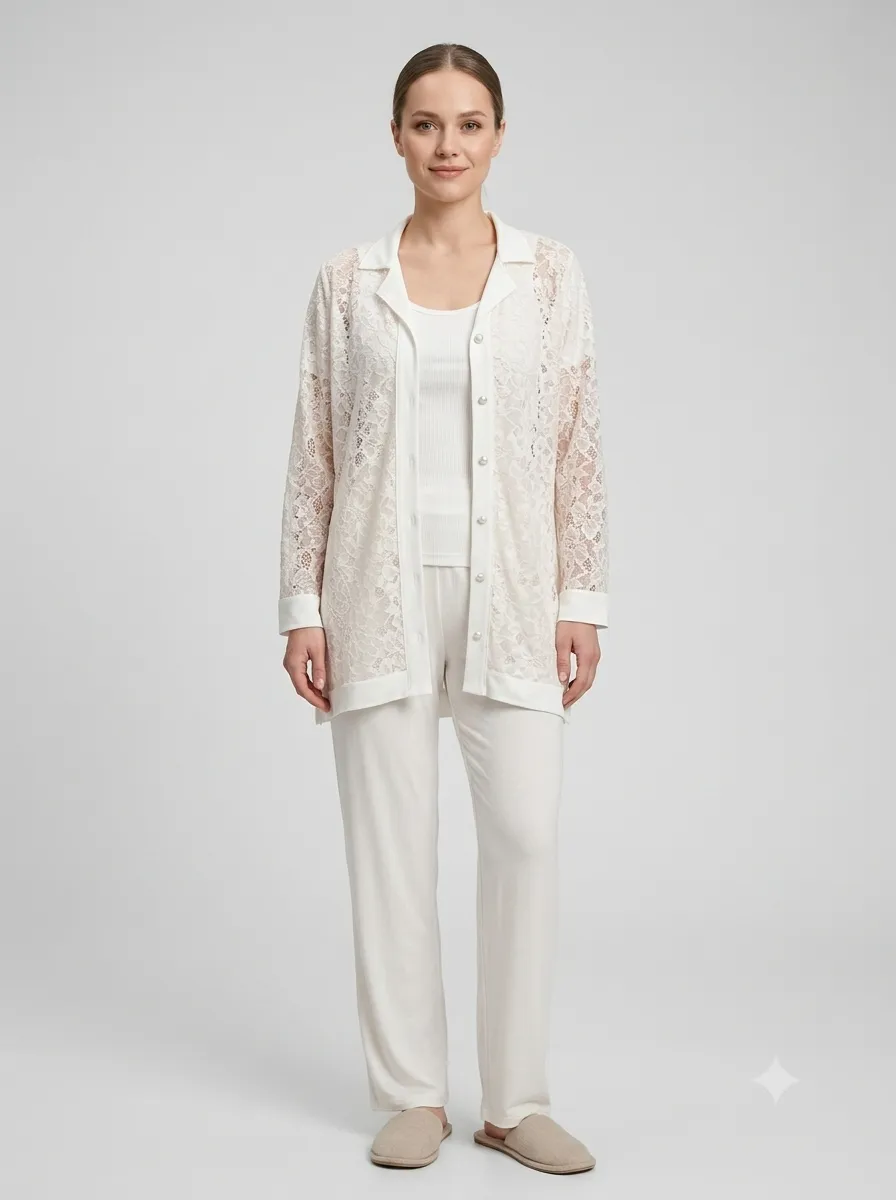 Pyjama tunique en dentelle — écru