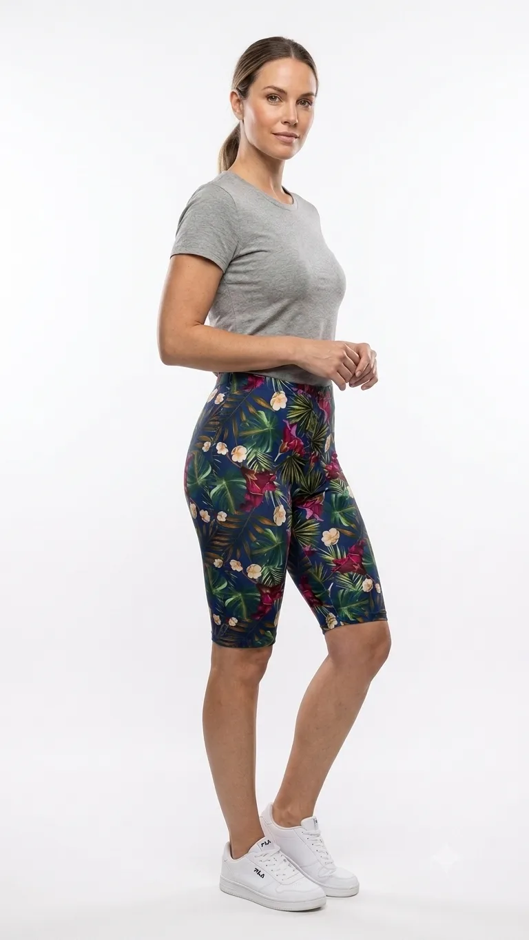 Legging court cycliste imprimé tropical — bleu marine